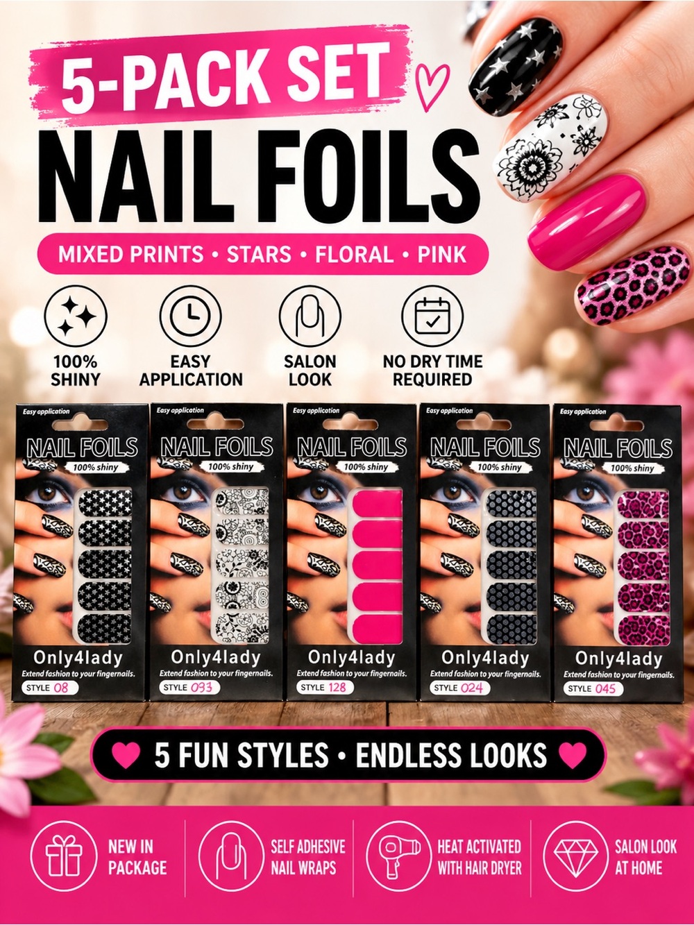 NWT Only4lady Nail Foils Wraps Set of 5 | Nail Art Stickers